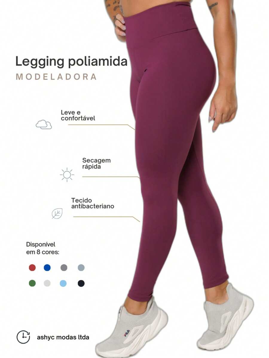 Women's Plain Polyamide Fitness Leggings, Thick Fabric, Zero Transparency - 酒紅色 - 查看 1