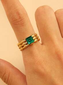 Elegant Vintage-Style 18K Gold-Plated Stainless Steel Inlaid Emerald Green Glass Heart Geometric Ring, Fashion Jewelry Versatile For Daily And Party Wear