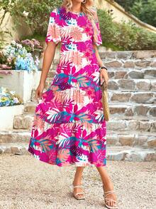 Women's Spring/Summer Casual Flutter Short Sleeve Midi Dress Cowl Layered Out Dresses - In màu hồng - Xem 3