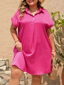 Vestito estivo da donna a maniche corte, con collo a bottoni, taglio morbido, fluido e casual, con tasche, adatto per spiaggia e uso quotidiano - Fucsia - Visualizzare 4