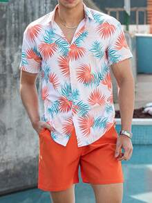 Men's Casual Set With Short Sleeve Shirt And Printed Shorts - 橘色 - 查看 1