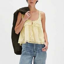 Women Boho Flowy Babydoll Cami Tank Tops Y2K Fairy Lace Trim Spaghetti Strap Tie Front Loose Camisole Crop Tops Summer Backless Sleeveless Vests Shirts Cute Going Out Tops Beach Vacation Streetwear Aesthetic Clothes - 黃色 - 查看 2