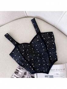 Cropped Top In Shiny Rhinestones With Strap And V-Neck Ballad - Black - View 1