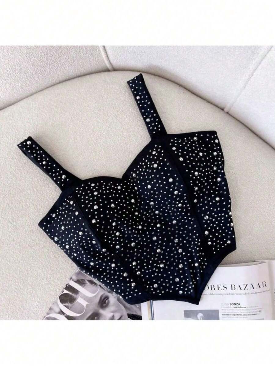 Cropped Top In Shiny Rhinestones With Strap And V-Neck Ballad - Black - View 1