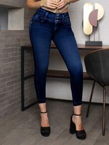 SAVIJEANS Jeans para Mujer SAVI JEANS – Azul Oscuro, Push Up, Sin Bolsas Traseras, Tiro Medio, Super Skinny - Azul lavado oscuro - Ver 2