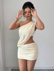 Those Solid Color One-Shoulder Asymmetric Tops & High-Waist Ruched Mini Skirts, Elegant Sexy Casual Outfits Suitable For Parties, Dates, Beach, Wedding, Home - Beige - View 2