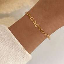 1 pieza Brazalete de cadena de acero inoxidable dorado con inicial simple y en forma de corazón para mujeres
