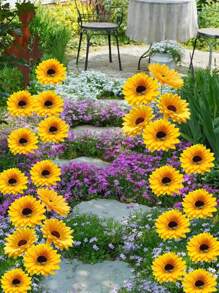 5 Stücke/Set - Sonnenblumen Garten Dekoration - Leuchtend gelbe künstliche Blumen mit schwarzen Samen und grünen Blättern, modernes Metall Outdoor Terrassen Ornament für Zugänge, Terrassen und Gärten, batteriefrei, Garten Ornament, Sommer Feengarten Ornament