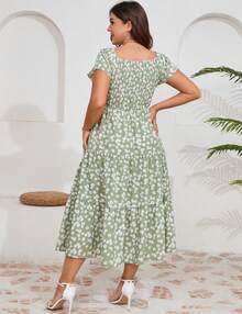 Yesfashion Women Plus Size Dress Short Sleeve Heart Neck Floral Dress - 綠色 - 查看 4