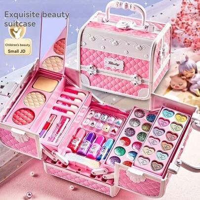 1 pieza Juego de maquillaje de juguete para niños, paleta de maquillaje para niñas, bolso de princesa, kit de tocador de belleza, lápiz labial, sombra de ojos, regalo de cumpleaños para niños