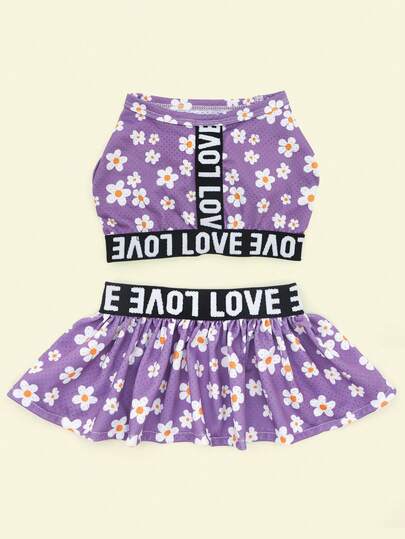 Set de 2 piezas Conjunto de top corto de tela tejida + falda plisada con estampado de margaritas moradas de malla para mascotas en verano