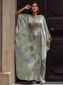 BEAUTY AMINAH 5127 Handmade Rhinestone Embellished Elegant, Sophisticated, Romantic And Charming Long Sleeve Abaya Robe For Vacation - Light Cyan - View 2
