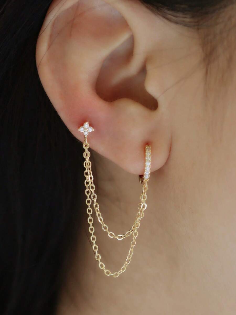 1 Pair Minimalist Cubic Zirconia Chain Dangle Earrings, Elegant Office Wear Jewelry For Women - Yellow Gold - View 1