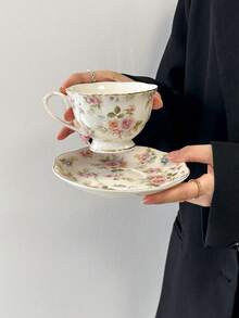 Cabin Kangaroo 1 Set de taza y platillo de cerámica para café, estilo rural de flores primaverales, material de cerámica fina con líneas doradas, diseño elegante, patrón de flores primaverales, perfecto para el té de la tarde, regalo de inauguración de casa o boda - Multicolor - Ver 6