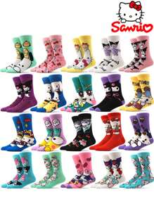 Sanrio 2 Pairs Sanrio Cartoon Anime Character Socks, For Hello Kitty & For Kuromi, 92% Polyester 8% Spandex, 600g/M² Knit Fabric, Comfortable Breathable Elastic, Machine Washable, Perfect For Gifts & Daily Wear