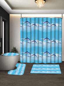 1/4 pièces Ensemble de rideau de douche PEVA de salle de bain, imperméable et anti-salissure, livré avec 12 crochets de rideau, convient pour toutes les saisons, comprend un tapis de bain, un tapis de toilette en U, un couvre-siège de toilette, un séparateur de salle de bain et des accessoires décoratifs pour la décoration moderne de la maison, la décoration de la salle, les accessoires de salle de bain, la rentrée des classes