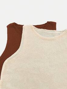 2pcs/Set Solid Color Round Neck Semi-Sheer Minimalist Casual Loose Knit Vest Vacation Beach - Apricot Brown - View 3