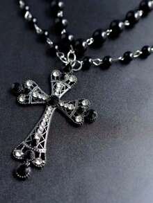 1pc Black Pearl Large Cross Double Layer Necklace, Halloween Fashion Personalized Faux Pearl Multi-Layer Large Cross Pendant Choker Necklace, High-End Versatile Necklace Accessory Suitable For Girls And Women (Pearl Quantity Random) - Black - View 4