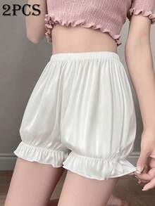 2pcs/Set Celana Pendek Wanita Polos dengan Pita Manis dan Motif Lentera, Celana Pendek Tipis untuk Musim Panas untuk Mencegah Rok Terangkat - Putih - View 6