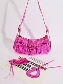 DareSee 2025年夏季，新款抽绳女包时尚水桶包铆钉摩托车包三件套宽肩带斜挎包音乐节Y2K节返校季秋季圣诞节冬季圣诞礼物 - 粉色 - 查看 6