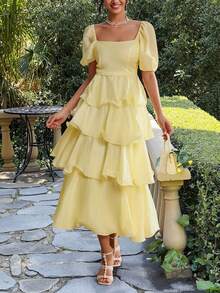 PoPoHouse 女装夏季中长款连衣裙温柔风收腰显瘦荷叶边半身裙 - 黃色 - 查看 8