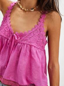 Women Boho Flowy Babydoll Cami Tank Tops Y2K Fairy Lace Trim Spaghetti Strap Tie Front Loose Camisole Crop Tops Summer Backless Sleeveless Vests Shirts Cute Going Out Tops Beach Vacation Streetwear Aesthetic Clothes - 玫紅色 - 查看 3