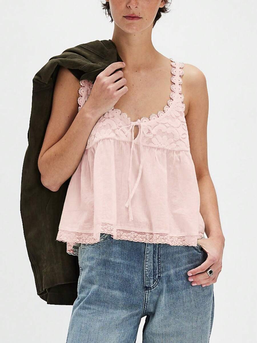 Women Boho Flowy Babydoll Cami Tank Tops Y2K Fairy Lace Trim Spaghetti Strap Tie Front Loose Camisole Crop Tops Summer Backless Sleeveless Vests Shirts Cute Going Out Tops Beach Vacation Streetwear Aesthetic Clothes - 粉色 - 查看 1