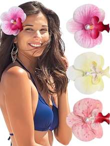 1pc/3Pcs Hawaiian Flower Hair Clip For Women Butterfly Orchid Hair Barrettes Flower Hair Clips With Faux Pearl Summer Artificial Flowers Hair Clips For Beach, Bridal Hair Accessories Claw Clips, School Stuff, Hair Piece - Multicolor - View 13