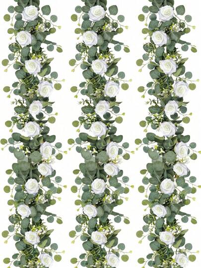 1/2pcs, 70inch/5.9ft Artificial Eucalyptus Wreath With Foam White Roses, Fake Rose Greenery Garland, Suitable For Easter, Mother's Day Decor, Room, Bedroom, Wedding, Party, Table Runner, Valance, Bathroom, Home Decor (White)