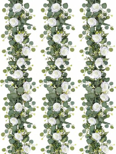 1/2 pièces, 70 pouces/5,9 pieds Couronne artificielle en eucalyptus avec roses blanches en mousse, guirlande verte de fausses roses, convient pour la décoration de Pâques, de la fête des mères, de la chambre, du mariage, de la fête, du chemin de table, de la cantonnière, de la salle de bain, de la décoration d'intérieur (blanc)