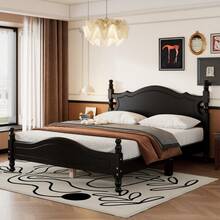 Cama de plataforma de madera tamaño queen, cama de plataforma de estilo retro con soporte de listones de madera, negro-805 - Multicolor - Ver 2
