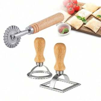 1 Stück Edelstahl Gebäckpresse Form Mit Holzgriff, Knödel Spitze Prägestempel Und Ravioli Schneidemaschine Zum Backen Und Pasta Machen.