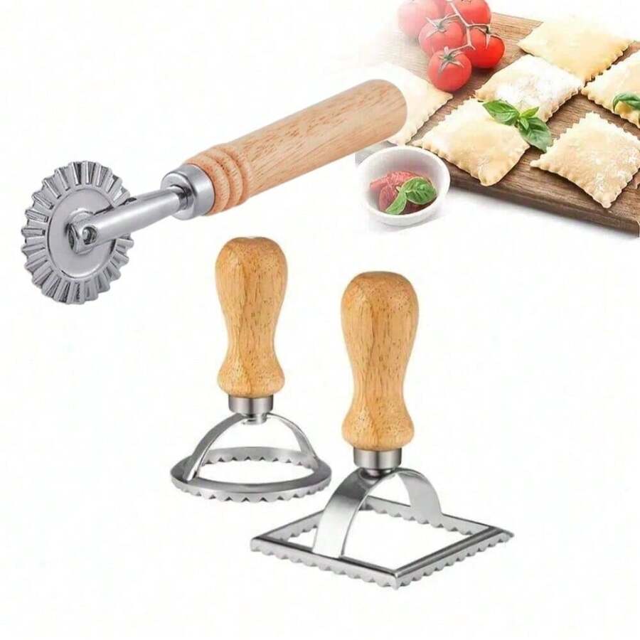 1Pc Stainless Steel Pastry Press Mold with Wood Handle Dumpling Lace Embossing Stamp and Ravioli Cutter for Baking and Pasta Making. - Apricot - View 1