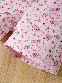 2pcs Baby Girl Overalls Jumpsuit Set With Flying Sleeves, Top T-Shirt With Floral Pockets, Overalls Shorts Set (Overalls Measurement Does Not Include Shoulder Straps) - 粉色 - 查看 5