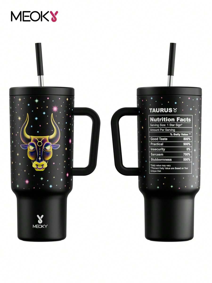 40oz Tumbler With Lid And Straw, Stainless Steel Insulated Water Bottle With Handle, Vacuum Insulated Water Bottle, Insulated Cup, Gift Drinking Cups, Keeps Cold For 34 Hours Or Hot For 10 Hours, Portable Suitable For Outdoor Camping, Hiking, Driving, And Car Travel (Taurus) - Black - View 1