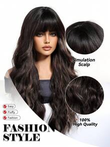 渐变棕色合成假发，带刘海，长款自然卷发，适合女士日常派对、角色扮演、圣诞假发，适合女孩