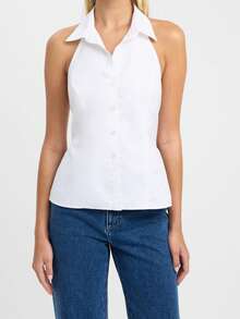 Women's Button Down Shirt Casual Stylish Solid/Striped Turn Down Collar Sleeveless Halter Tank Tops For Summer - 白色 - 查看 1