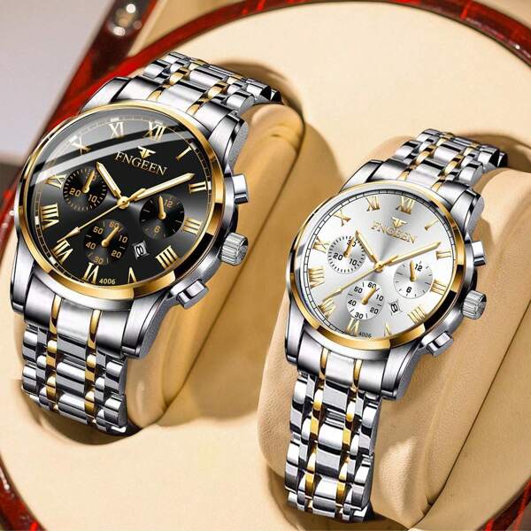FNGEEN 2pcs/Set Couple Watch With Gold Stainless Steel Strap Roman Scale Blue Dial Calendar Display 50m Waterproof Quartz Watch For Men And Women Precise Timekeeping Japan Imported Quartz Automatic Movement - High-Quality Built-In Long-Life Japan Battery With Small Dial Decoration Valentine's Day Gift Wedding Souvenir