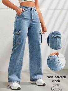 Calça Cargo Denim Casual e Estilosa com Vários Bolsos para Uso Diário Feminino