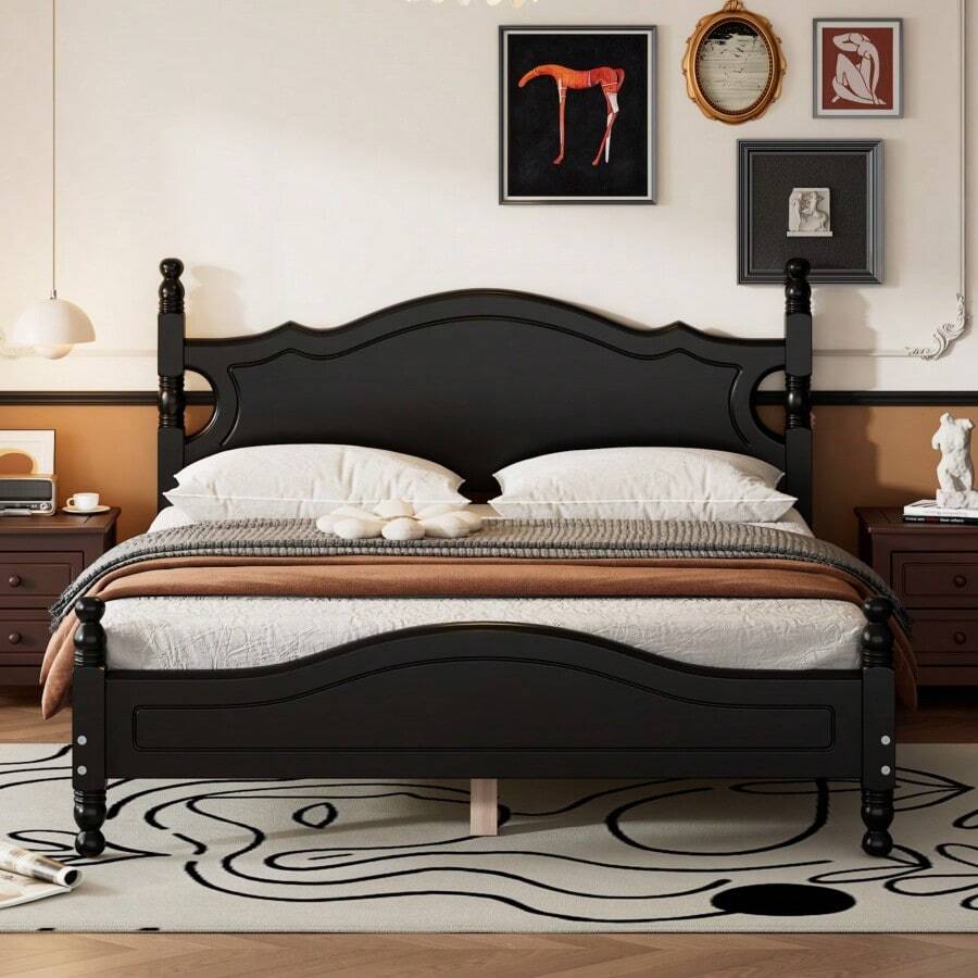 Cama de plataforma de madera tamaño queen, cama de plataforma de estilo retro con soporte de listones de madera, negro-805 - Multicolor - Ver 1