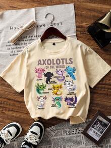 3pcs Tween Girls Axolotl Cartoon Print Casual Short Sleeve T-Shirts, Young Student Summer Tops Kids Love - Multicolor - View 2