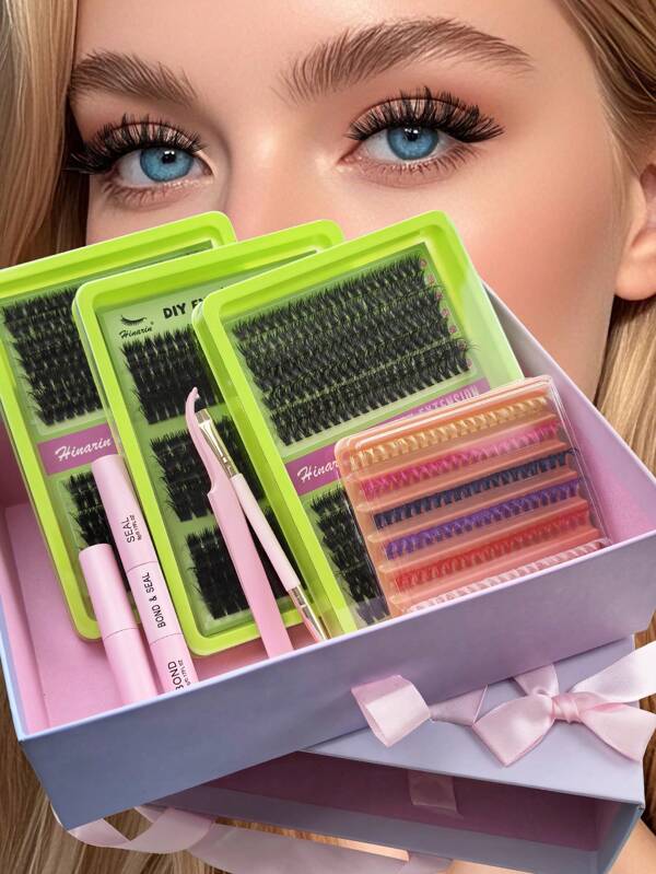 Hinarin 4 Packs 945 Pcs D Curl Lash Extension Kit Length 8-18mm 40D+60D+80D+100D+120D+180D Mixed Cluster Eyelash Extension Wispy Volume Fluffy Colored Individual Lashes Clusters Set With Bond And Seal, Remove,Lash Tweezers,Eyelash Brush Gift For Women & Girl