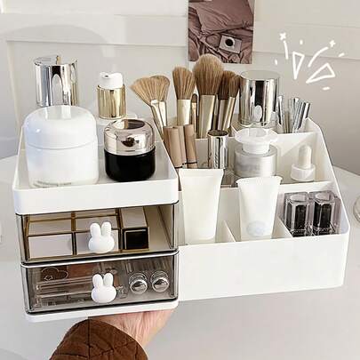 1 件白色化妆品收纳盒，带抽屉分隔桌面收纳架，塑料化妆品收纳盒，多功能桌面整理收纳，文具收纳盒，笔筒，化妆品展示架，化妆刷收纳桶，护肤品收纳盒，适用于浴室、书房、梳妆台，送给妈妈的礼物，适合度假海滩、浴室收藏、卧室收藏，大容量
