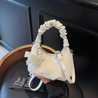 Minimalist White Cloud Letter Pleated Tote Bag With Faux Pearl Bow Charm, Suitable For Women