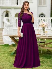 MIUSOL 花卉蕾絲上身絲帶腰百褶舞會連衣裙