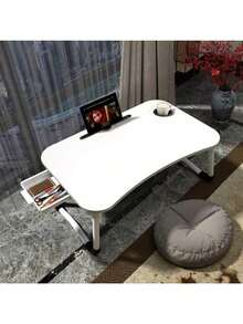 Home Office Lap Desk With Storage Drawer, Tablet And Cup Holders, Laptop Bed Tray Table, 23.6" Foldable Laptop Desk, Laptop Stand For Working, Writing, Gaming And Drawing, White Top White Legs - White - View 1