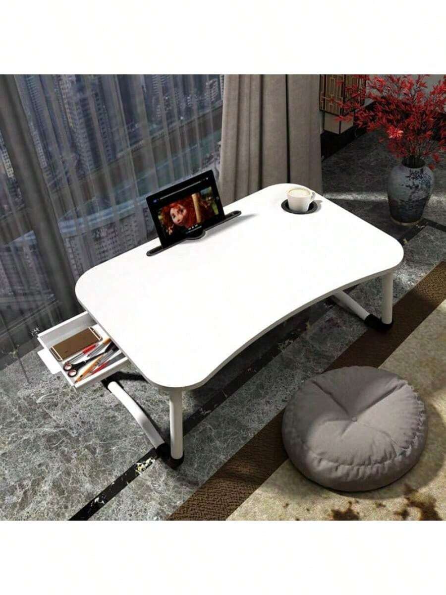 Home Office Lap Desk With Storage Drawer, Tablet And Cup Holders, Laptop Bed Tray Table, 23.6" Foldable Laptop Desk, Laptop Stand For Working, Writing, Gaming And Drawing, White Top White Legs - White - View 1