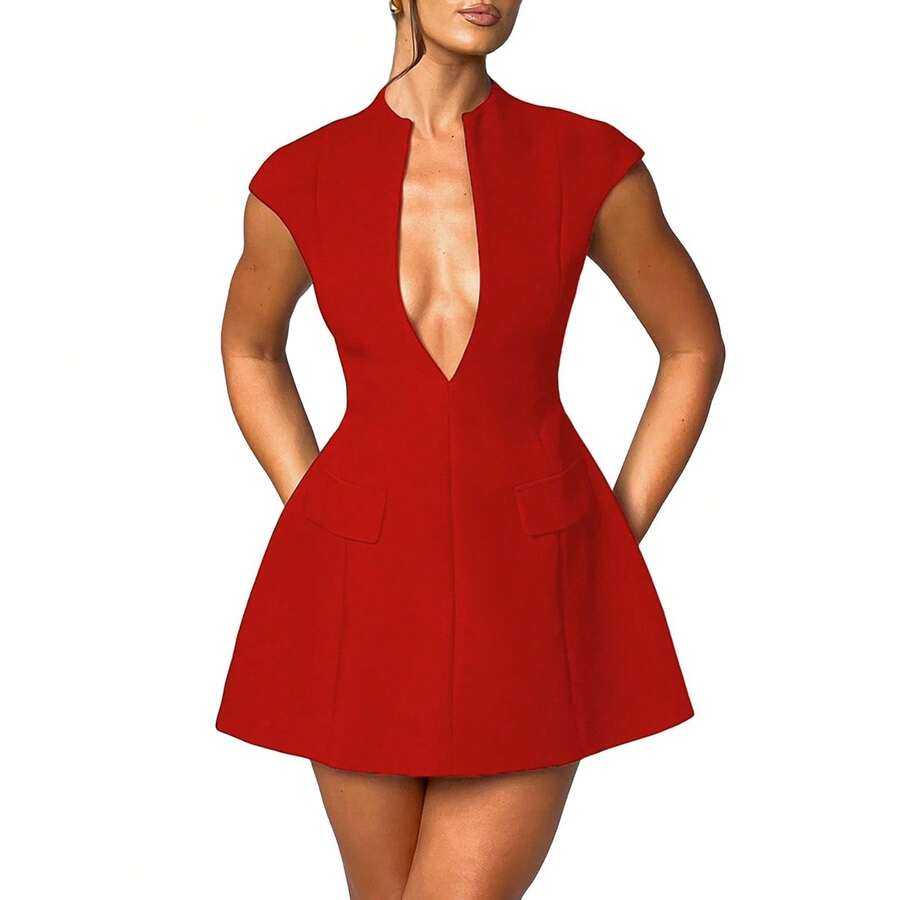 Women Sexy Mini Dress Deep V Neck Cap Sleeve A Line Dress Short Formal Dresses Party Club - Red - View 1