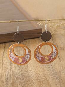 1 Pair Bohemian Style Wooden Floral Print Earrings, Double Circle Single-Side Colorful Flower Pattern Unique Yellow Ear Accessories
