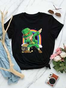Camiseta de San Patricio para mujer con duende dab - Camiseta divertida irlandesa con trébol y arcoíris - Regalo de olla de oro de la suerte - ¡Celebra el día de San Patricio con estilo! - Negro - Ver 1